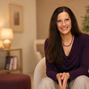 Miriam Auer, Psychotherapeutin, sitzt lächelnd in Praxislandschaft mit Regal, Lampe und Zimmerpflanze im Hintergrund